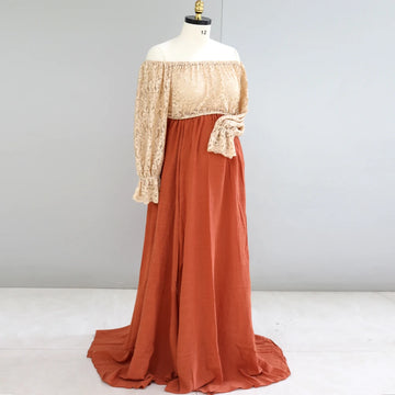 MQTIME  -  Maternity Dresses For Photo Shoot Two Piece Lace Top and Linen Cotton Skirt Vintage Boho Photography Dress  for Baby Showers